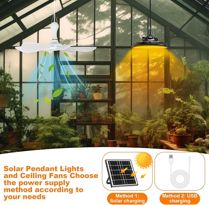2 Set Solar Rechargeable Chicken Coop Shed Pendant Light, Solar Hanging Ceiling Fan with Remote Control Timing, Ventilation Lighting Kit for Chicken Coop Greenhouse Barn Camping Poultry