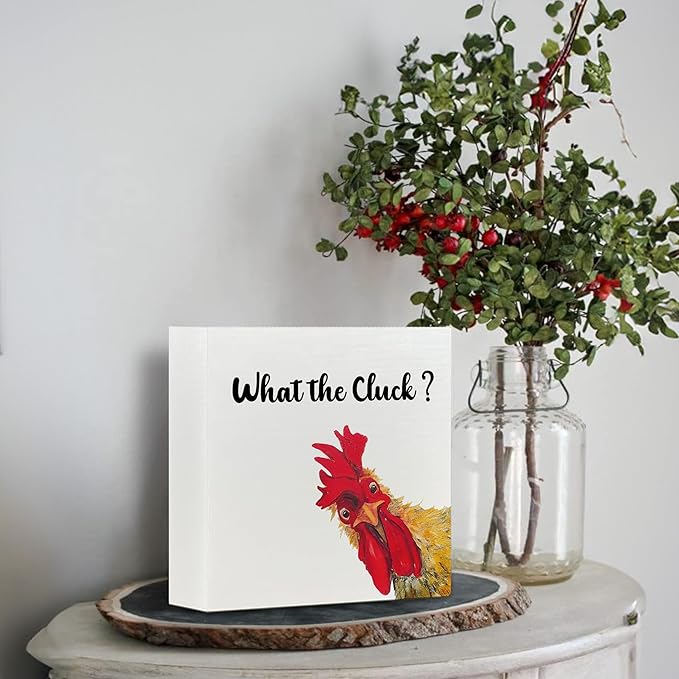 Funny Rooster Wooden Box Sign - Rooster Kitchen Decor, Rooster Decor, Rustic Farmhouse What the Cluck Rooster Wooden Box Sign for Home Shelf Desk Table 5x5 Inch