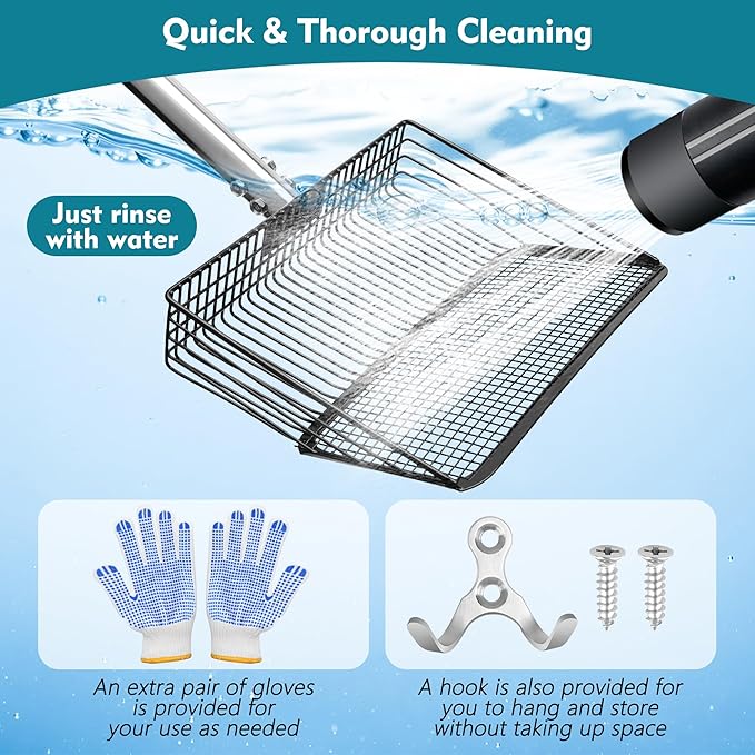 Chicken Poop Scooper 10 Inch, Anglecai Large Chicken Coop Litter Scoop 22'' to 62" Long Litter Sifting Shovel 4 in 1 Multifunctional Poop Shovel for Poultry Coop Cleaning Tool