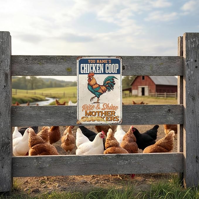 Custom Name Chicken Coop Metal Sign Rise And Shine Mother Cluckers Funny Vintage Tin Plaque Wall Art for Backyard Barn Chicken Coop Home Decor Gift