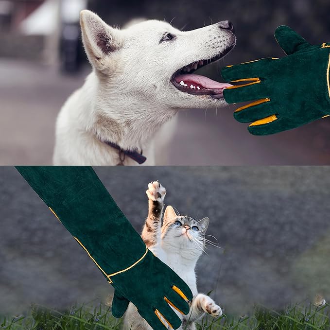 24" Leather Animal Handling Gloves, Multipurpose Bite Proof Gloves for Handling Reptiles, Grooming, Veterinary Visits, Puncture & Scratch Resistant for Dog Cat Bird Falcon Livestock Snake