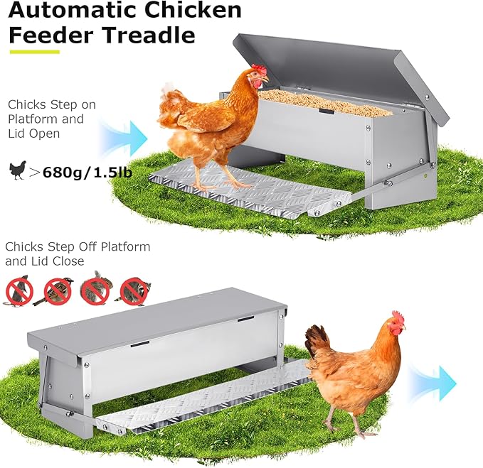 Automatic Chicken Feeder Treadle Large Poultry Feeders No Waste Stainless Steel Rat Proof Chicken Feeder Trough with Weatherproof Lid Treadle Chicken Feeder Self-Opening for Duck Fowl