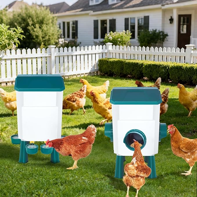 Chicken Feeder and Waterer Set with 3 Gallon/26.4 Pounds, Automatic Chick Feeder and Waterer Set No Waste, Poultry Feeder Large for Hens/Ducks/Poultry