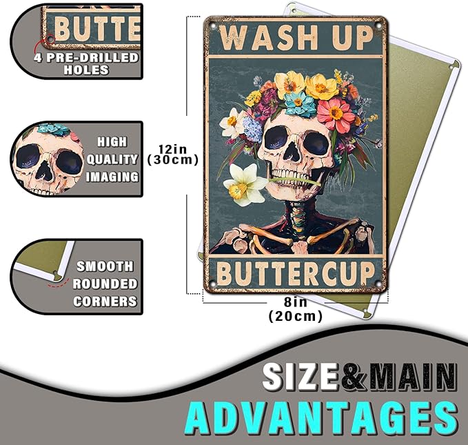 Skeleton Metal Sign Wash Up Buttercup Funny Skull Vintage Tin Sign for Wall Art Decor Home Bathroom Toilet Decoration 8x12inch