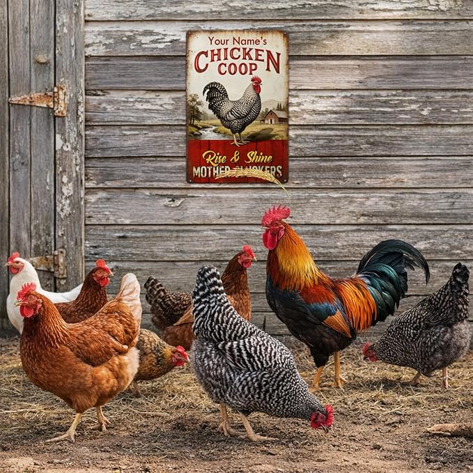 Personalized Chicken Coop Sign Custom Name Rise And Shine Vintage Rooster Metal Tin Wall Art Rustic Farmhouse Decor for Barn Backyard Funny Gift