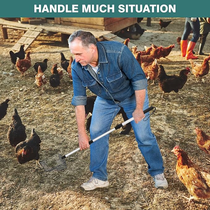 Chicken Poop Scooper - Chicken Coop Pooper Scooper Long Handle Stretchable with 2 Metal Coop Litter Scoop Stainless Steels Chicken Coop Cleaning Accessories Poultry Poop Scooper Tools
