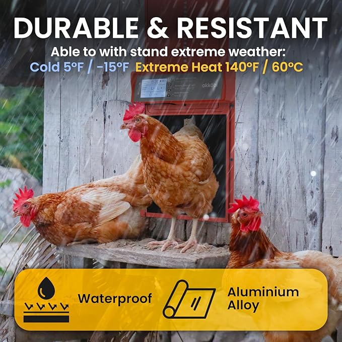 Okkobi Automatic Chicken Coop Door Solar Powered - LCD Display - Chicken Coop Door with Remote Control, Light Sensor & Timer - Security & Peace of Mind: Anti-Pinch Function - 5-Year Protection - Red