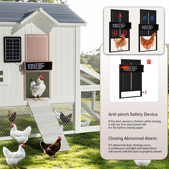 Solar Chicken Coop Door, Automatic Chicken Door Solar Powered & USB Charging, Automatic Chicken Door 4 Modes with Timer & Light Sensor, Anti-Pinch & Alert, Remote, LED Screen -Rose Gold
