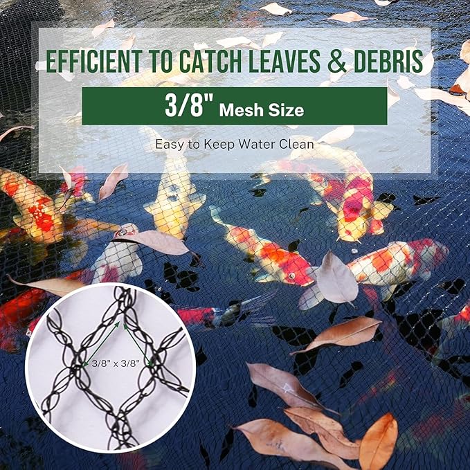 10 x 10Ft Pond Netting for Koi Ponds, Koi Pond Net Cover, Durable & Sturdy Pond Netting Cover for Leaves, Protect Koi Fish Against Herons, Raccoons, Cats & Predators, 12pcs Stakes Included