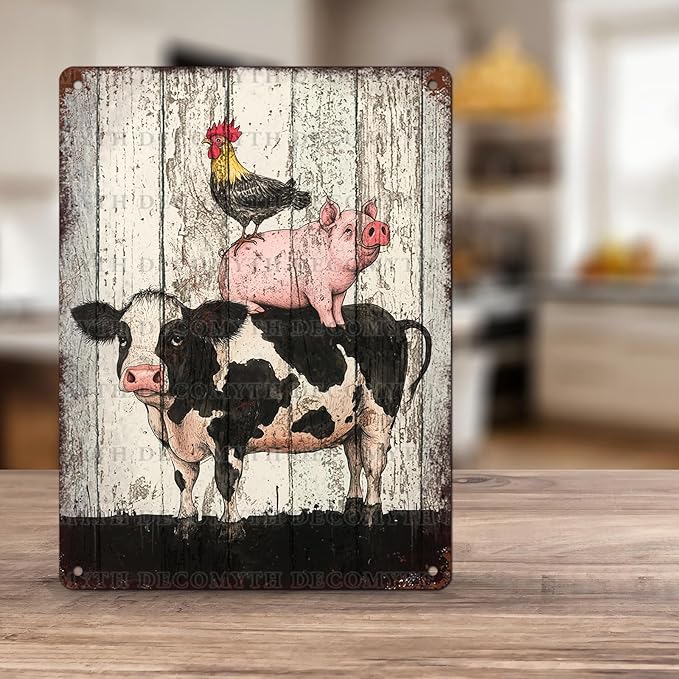 Vintage Chicken Cow Pig Tin Sign Retro Coop Wall Decor Nostalgic Art Funny Animals Rustic Metal Poster Outdoor Store Cafe Poultry House Pubs Farm Farmhouse 12 * 16inch