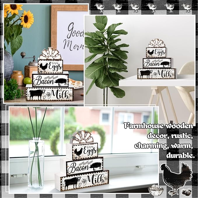 Jetec 4 Pcs Farmhouse Kitchen Decor Wooden Tiered Tray Decor Cow Rooster Pig Rustic Bathroom Signs Decorative Faux Stacked Table Centerpiece Block Sign for Home Living Kitchen Dining Room Shelf