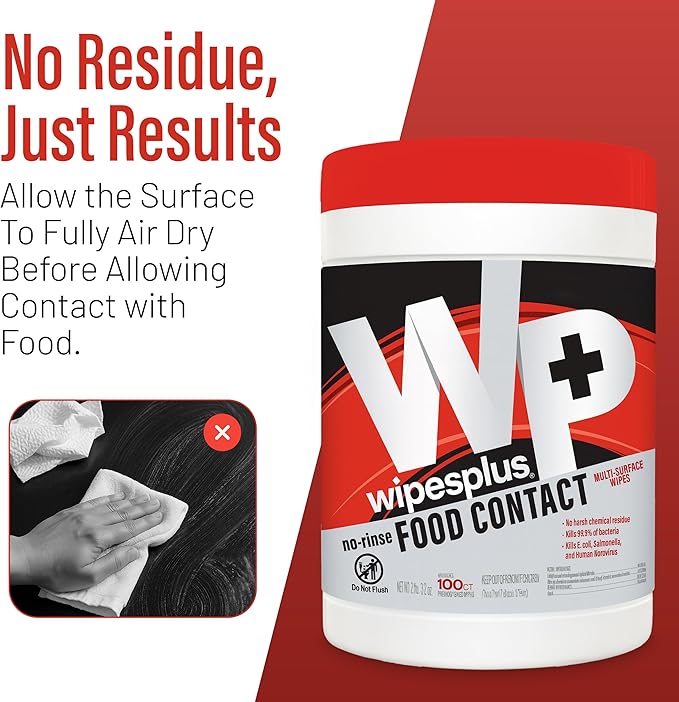 WIPESPLUS No-Rinse Food Contact Wipes Canister Multi-Surface Wipes, Unscented for Home and Business, 600, (6 Packs of 100)