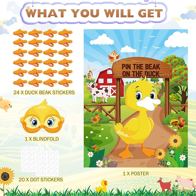 Faccito Farm Animal Games Pin The Tail on The Animals Barn Birthday Party Decorations Farm Poster Games with 24 Stickers Eye Mask for Family Activities Birthday Party Decor Supplies (Duck)