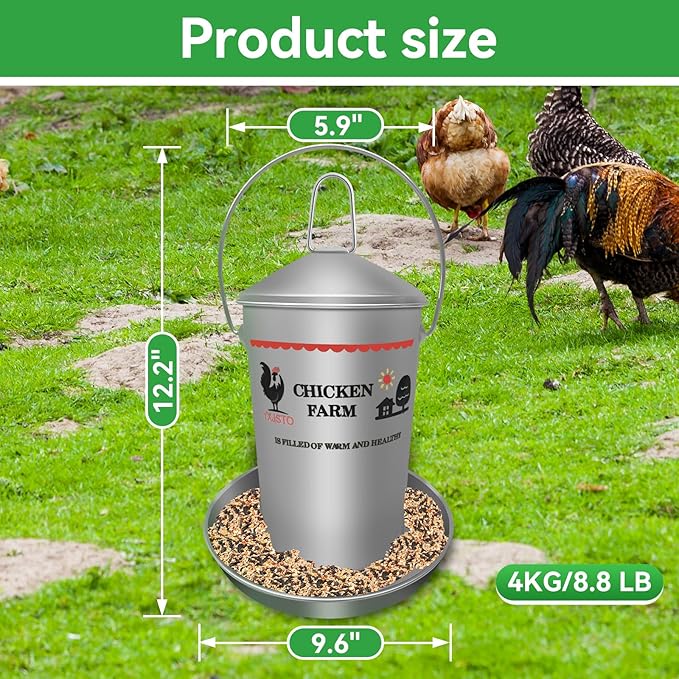 8.8 Lb Stainless Steel Poultry Feeder, Automatic Chicken Feeder No Waste, Hanging Chicken Feeder Heavy Duty Reliable Long-Lasting with Handle, Top Filled
