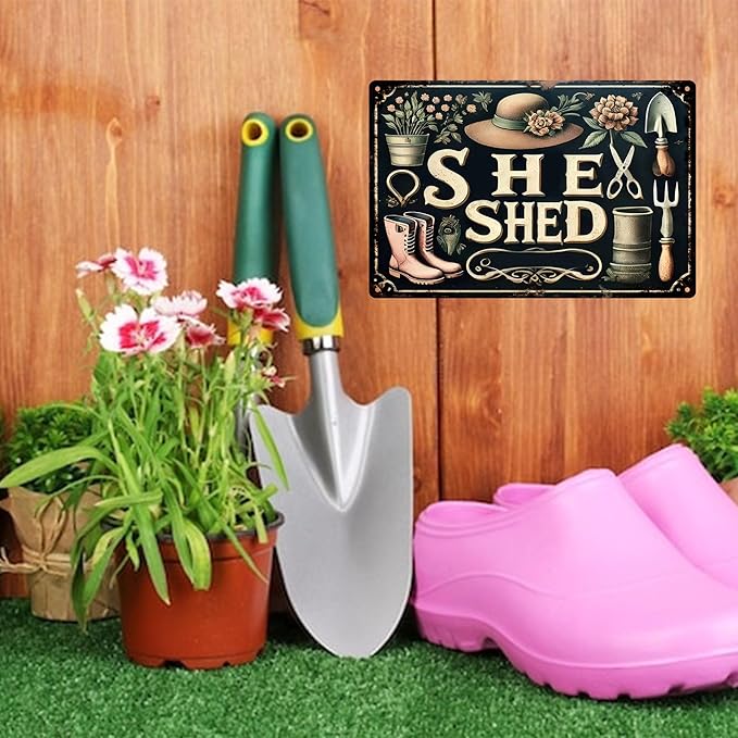 Vintage Garden Metal Signs - She Shed Tin Sign, Retro Rustic Outside Poster Sign Gardening Lover Gifts Fence Decoration Wall Art Decor 8x12 inch