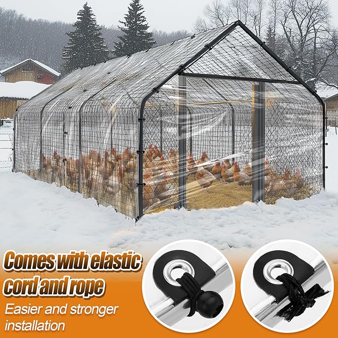 6.6x10ft Chicken Coop Covers Accessories for Winter - Easy to Install Waterproof Chicken Run Tarp with Elastic Cords & Rope