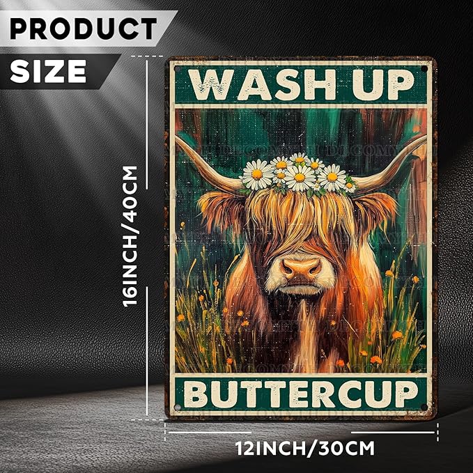 Vintage Highland Cattle Tin Sign Wash Up Buttercup Retro Wall Decor Decorations for Home Funny Cow Lover Poster Indoor Store Cafe Toilet Farmhouse Yard Garden Bar Pubs Rustic Farm 12 * 16inch