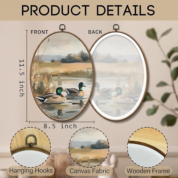Yorhifa Vintage Mallard Duck Framed Wall Art, Countryside Lake Oval Wall Art, Wildlife Nature Pond Oval Walls Decor, Farmhouse Rustic Farm Animal Canvas Artwork Hanging Decor, 8.5x11.5 Inch