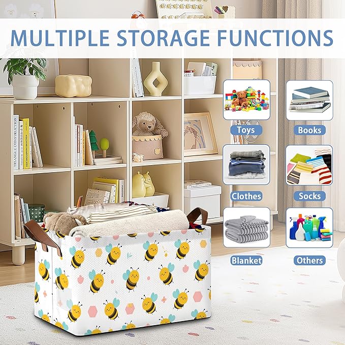 Cute Bee Storage Basket,Collapsible Storage Bin Cubes for Living Room Bedroom Blankets Home Storage 17x11.5x10Inch