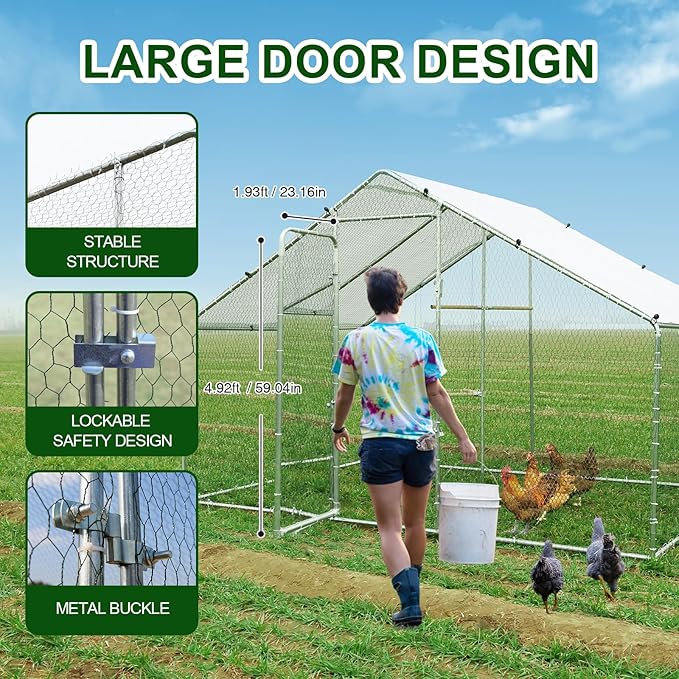 Large Metal Chicken Coop Heavy Duty Chicken Pens Outdoor with Top Walk in Poultry Cage Chicken Run Dog Kennel with Water Resident and Anti-UV Cover for Yard with Cover Duck Rabbit Cage