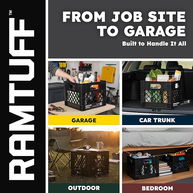 Ramtuff 4 Pack Storage Milk Crate, Durable Plastic Home Organizers, Stackable Box Set with Reinforced Handles, 250 lb Load Capacity, Black