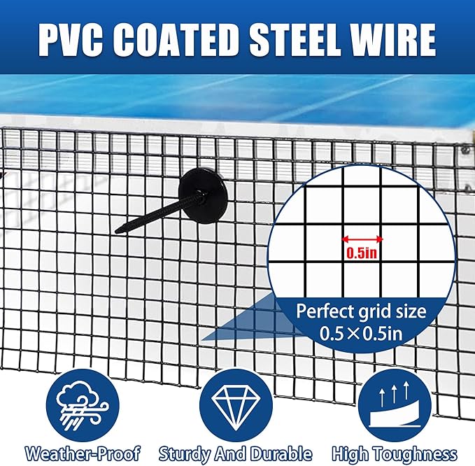 6in x 120ft Solar Panel Bird Mesh Black PVC Coated Steel Solar Panel Bird Guard Proofing| 80 Fastener Clips Prevents Birds, Pigeons, and Critter Guard from Getting Under The Solar Panels