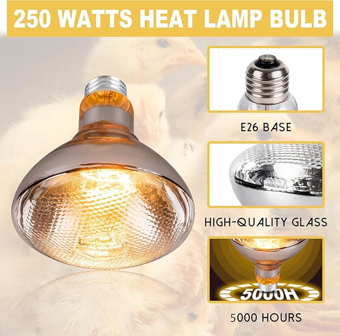 4 Pack 250 Watts Heat Lamp Bulbs for Chickens,PAR38 Clear Glass Brooder Heat Lamp, Infrared Reflector Heat Bulbs for Pets, Bathroom, Food Service