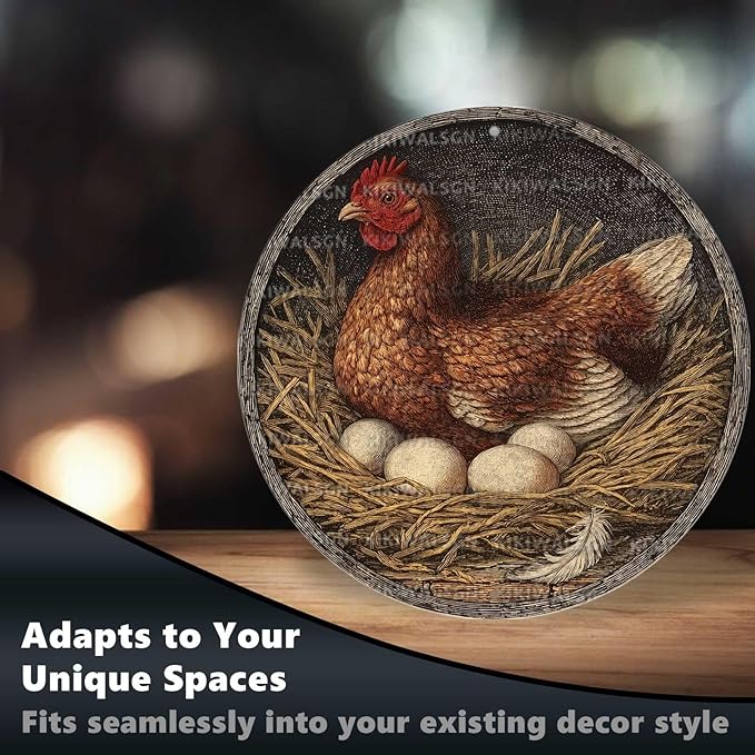 Vintage Chicken Hen Rooster Round Metal Sign Retro Chicken Lovers Tin Sign Nostalgic Rustic Wall Decor Kitchen Yard Fence Door Outside Farmhouse Coop Poultry House 12 * 12 In