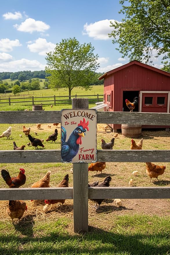 Welcome to The Funny Farm Aluminum Sign Humorous Chicken Coop Sign Rustic Farmhouse Welcome Sign for Backyard Flock 8x12 Inches Outdoor Metal Decor Style-02