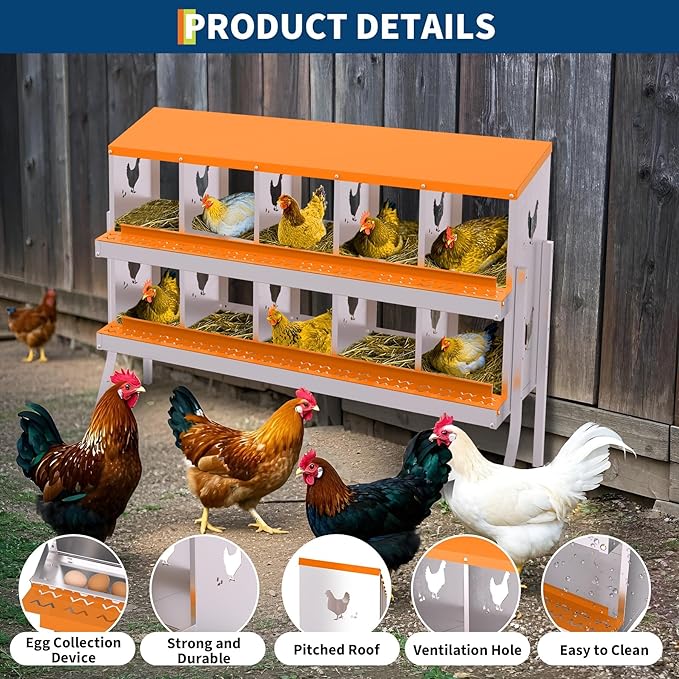 Nesting Boxes for Chickens - 10-Hole Premium Laying Boxes for Hens | Features Anti-Peck Design, Protecting Eggs & Space-Saving Style | Durable Nesting Box for Easy Egg Collection and Happy Hens
