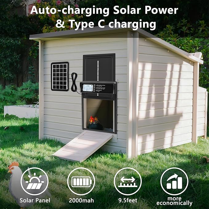 Automatic Chicken Coop Door Solar Powered, LCD Display Automatic Chicken Door with Timer & Light Sensor Mix 4Modes, Aluminum Waterproof Coop Door Charge with Solar Panel & USB,Remote Control