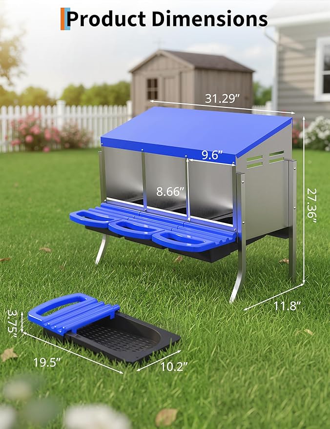 Chicken Nesting Box 3 Hole, Galvanized Steel Nest with Roll Away Egg Collection & Swing Perch, Easy-Clean Laying Box for Hens, Heavy Duty Design for Chicken Coop