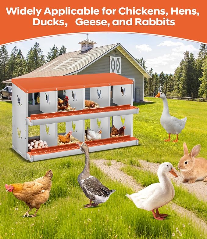 Chicken Nesting Box,8 Compartments Nesting Box for Chickens, Two-Tier Galvanized Metal Wall Mount Chicken Egg Laying Box with Large Vented Holes for Easy Egg Collection ﻿