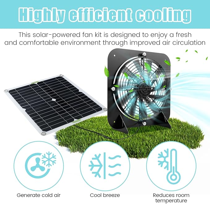 Solar Panel Fan Kit 13.5inch 100W Waterproof Solar Powered Exhaust Fan 3000rpm Auto Adjustable High Efficiency Cooling Chicken Solar Fan Solar Camping Fan for Dog Kennel