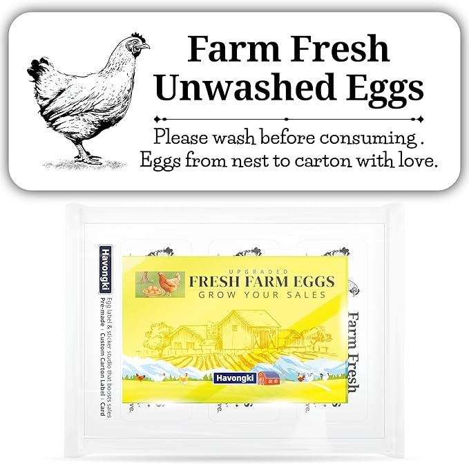 120 Chicken Egg Carton Labels Stickers | White | Farm Fresh Eggs | 4 6 12 15 18 30 48 50 Count - Basket Box Container Extra Organizer Farm Supplies, 66mm x 26mm