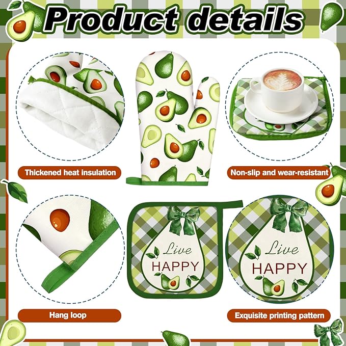 10 Pcs Avocado Farmhouse Kitchen Decor Set Dish Towels Kitchen Rugs Oven Mitts and Pot Holders Set for Cooking Baking Grilling Women Mom Daughter Gift(Green)