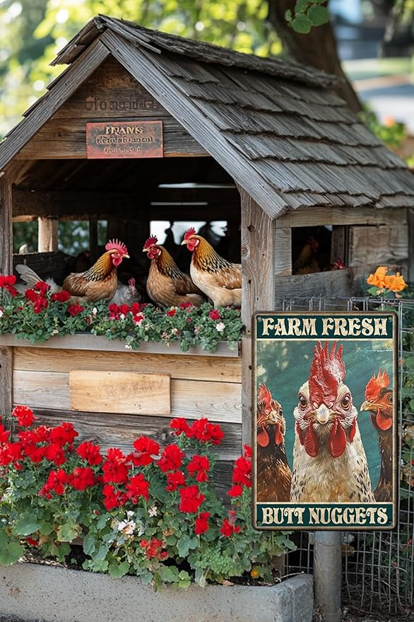 Rustic Metal Tin Sign Chicken Farm Fresh Butt Nuggets Wall Art Retro Plaque For Kitchen Bar Farmhouse Iron Painting 16x12 Inch