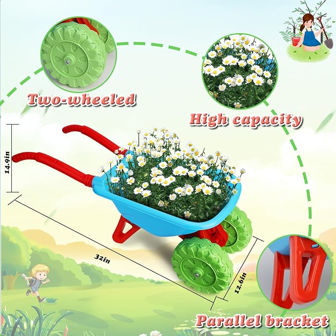 Kids Gardening Tools Set, Gardening Set for Kids, Outdoor Backyard Farm Digging Toys with Wheelbarrow Shovel, Rake, Trowel, Fork, Birthday Gifts for Boys Girls Age 3+
