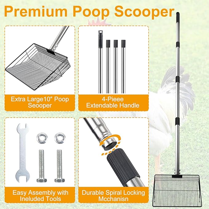 Chicken Poop Scooper, Large Metal Chicken Coop Scoop for Stand with Adjustable Stainless Steel Long Handle, Litter Sifting Shovel for Chicken Coop and Pet Waste Cleaning