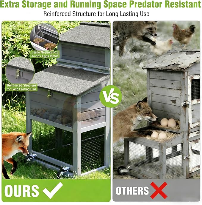 GUTINNEEN Chicken Coop with Wheels for 2-4 Chickens, Large Wooden Outdoor Hen House with Run, Waterproof & UV-Resistant Roof, Removable Leakproof Tray and Divided Nesting Box– Grey