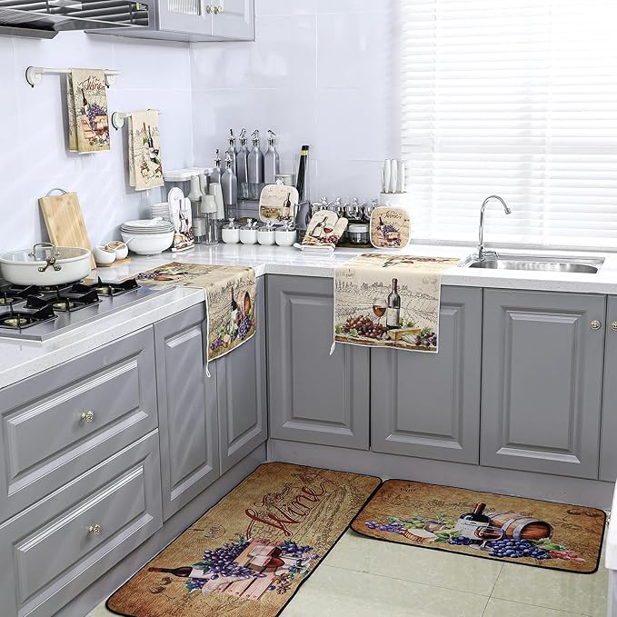 10 Pcs Wine Kitchen Dish Towels Rugs Oven Mitts and Pot Holders Set Farmhouse Kitchen Decor Set for Women Mom Daughter Gift Cooking Baking Grilling (Rustic Color)