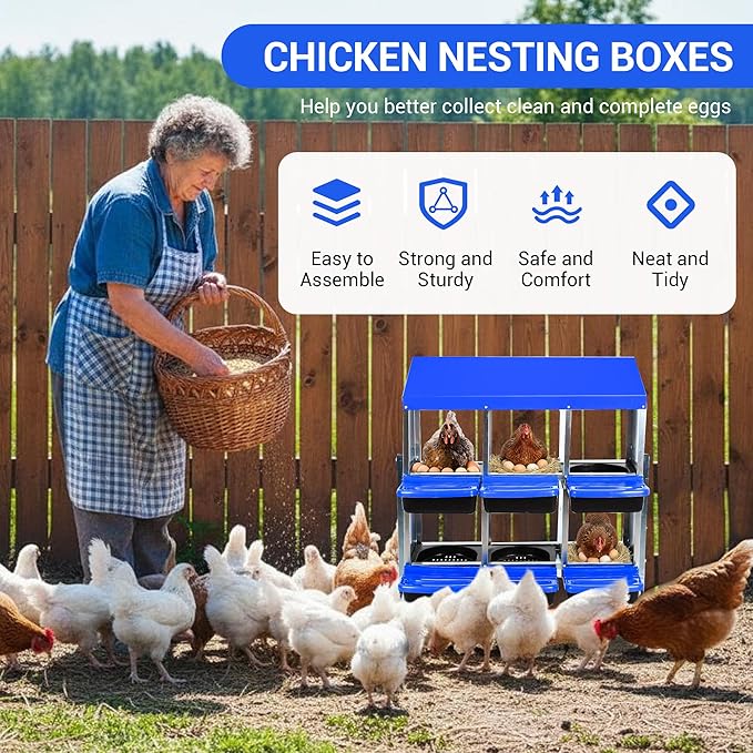Chicken Nesting Box,Chicken Laying Boxes with 3 Compartment Metal Stainless Steel,Chickens Egg Laying Nest Boxes with Stand & Rollout Egg Collection,Chicken Brooder Box with Perch, Blue