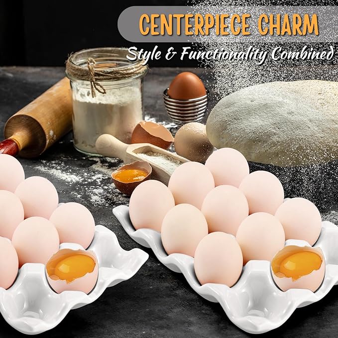 Flexzion 12 Cups Ceramic Egg Holder for Fridge - Dozen Ceramic Egg Tray Porcelain Container Storage Organizer Decorative Serving Stand Serveware for Refrigerator Countertop Display (White, 2 Pack)