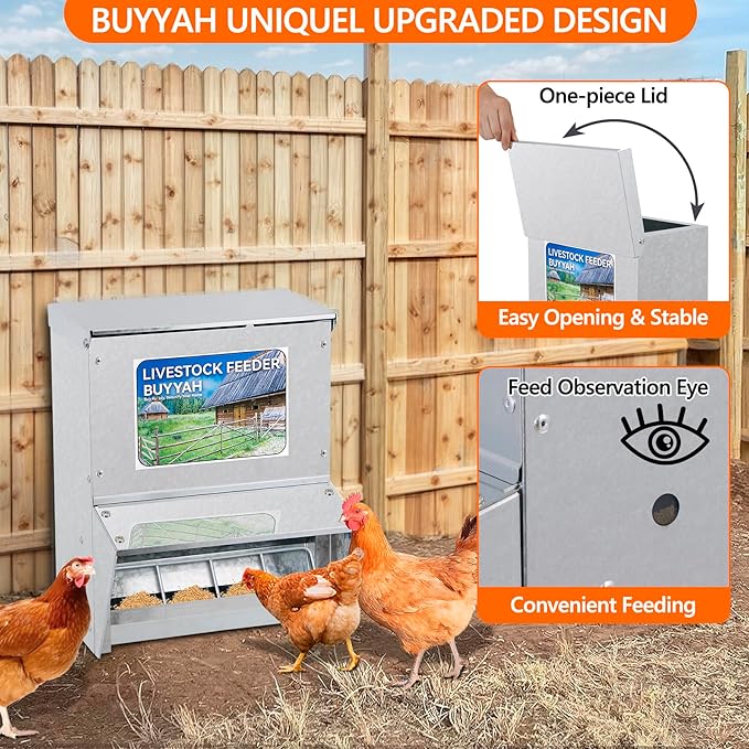 Automatic Chicken Feeder, 28 lbs Capacity, Galvanized Metal Poultry Feeder, Waterproof Chicken Feeder, Suitable for Poultry, Geese, Quails, Bantams, Ducks and Turkey
