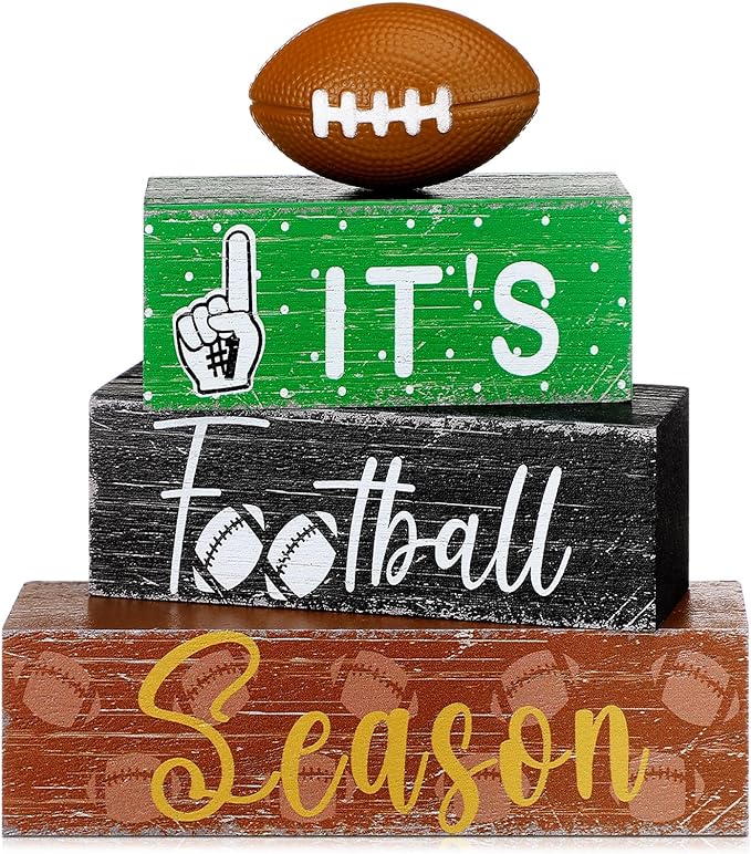 Geelin 4 Pcs Football Table Decorations Football Tiered Tray Decor Wooden Sign Centerpiece Decorative Faux Stack Book Block for Coffee Table Fireplace Mantel Floating Shelf
