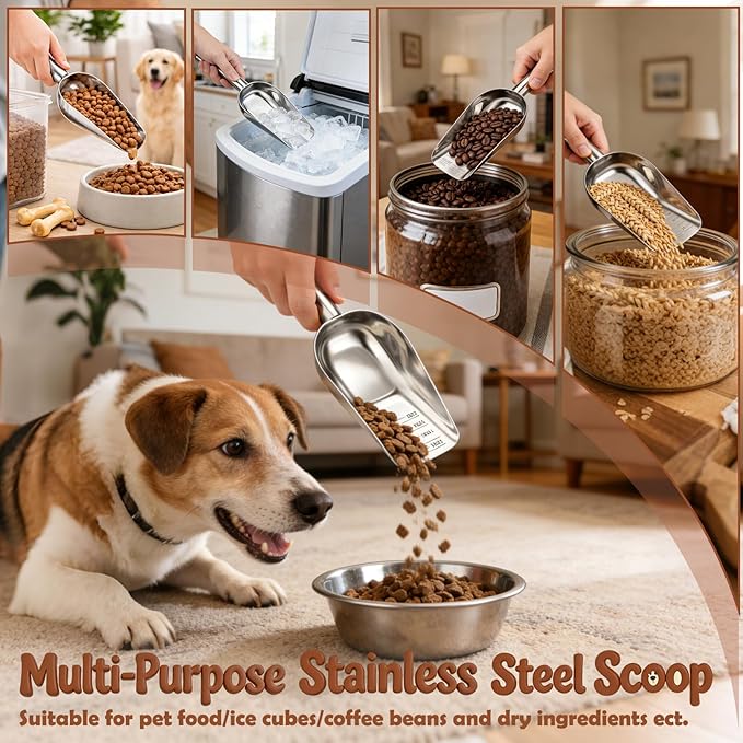 BABORUI Dog Food Scoop Stainless Steel with 1, 3/4, 1/2, 1/4 Cup Measurement, Pet Food Measuring Scoop for Dry and Wet Pet Food, Daily Metal Precision Feeding Tool for Dogs Cats