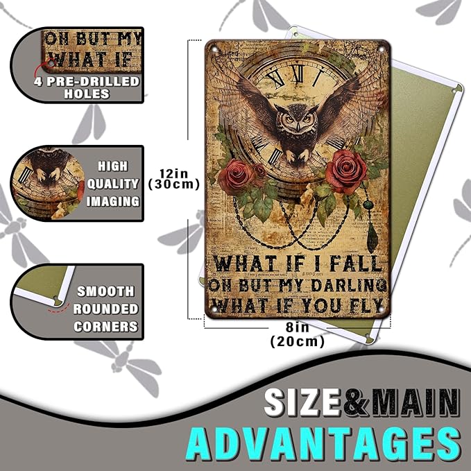 PEACHGARDEN Metal Sign Owl Wall Decor What If I Fall Oh But My Darling What If Vintage Poster Tin Sign for Home Bedroom Office Cafe Bar Man Cave 8x12inch