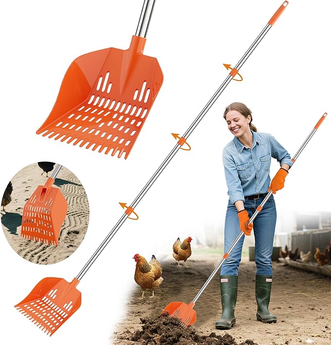 Chicken Poop Scooper with Rake - Lightweight Chicken Poop Shovel for Small Farm Animals - Sand Sifting Shovel with Adjustable Long Handle (38-67'') - Easy to Use for Women & Seniors (Orange)