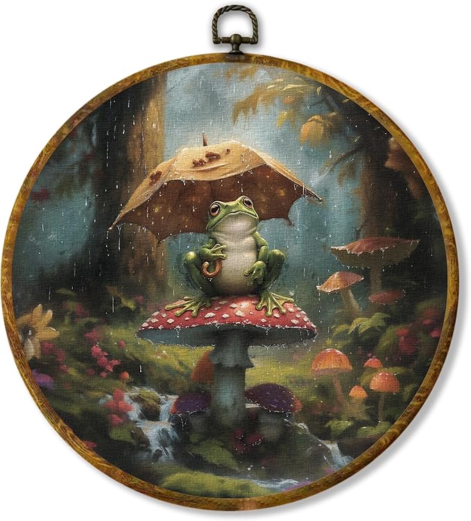 Hiuwevt Vintage Moody Forest Frog Round Wall Art Decor, Dark Academia Mushroom Framed Canvas Prints, Cottagecore Nature Round Wall Hanging Decor for Home Living Room Decorations, 10x10 Inches