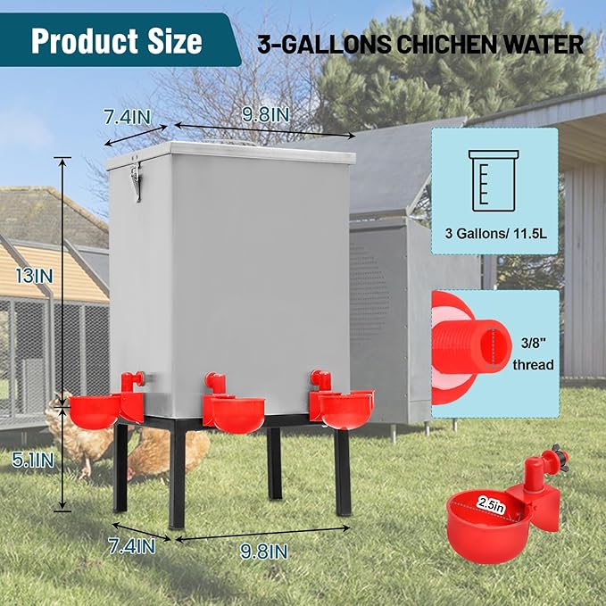 Chicken Waterer 3 Gallons,Stainless Steels Automatic Chicken Waterer ,Poultry Watering No Waste 4 Water Cups Chicken Waterer and 4 Horizontal Automatic Chicken Nipples,with Latch and Bottom Bracket